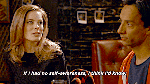 Britta (Gillian Jacobs) from Community is ironically talking about being self-aware while displaying a lack of self-awareness.