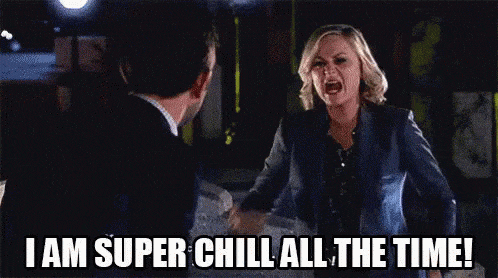 Leslie Knope (Amy Poehler) from Parks and Rec is yelling, defensively, saying "I am super chill all the time!"